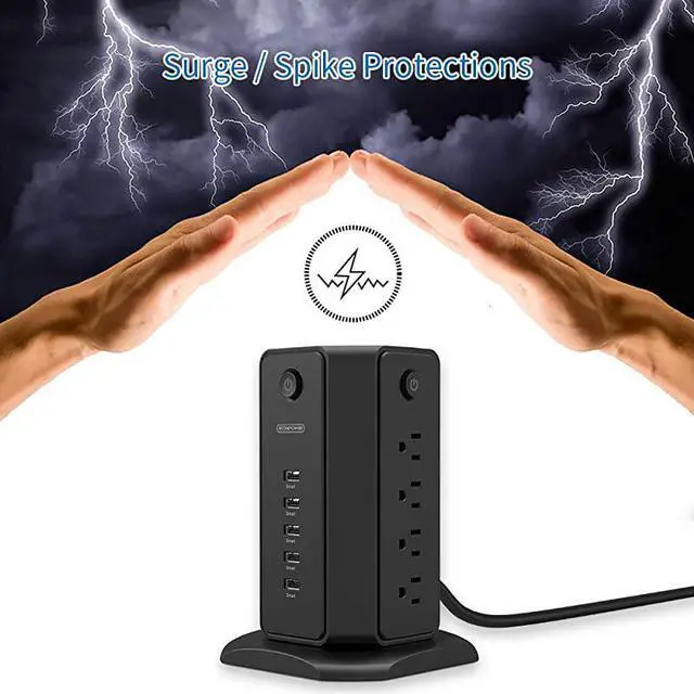 Alt view image 3 of 7 - Strip Tower NTONSurge Protector Flat Plug with Individual Switches 8 Outlets and 5 USB Desktop Charging Station 6ft Heavy Duty Extension Cord Circuit Breaker for Home Office Dorm Room