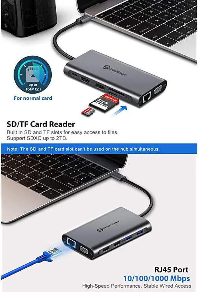 Alt view image 7 of 7 - USB C Hub  Triple Display USB Type C Adapter Docking Station with 2 HDMI VGA Power Delivery Type C PortSD TF Card Reader 4 USB Ports USBC Dock Compatible for MacBook Other USBC Laptop