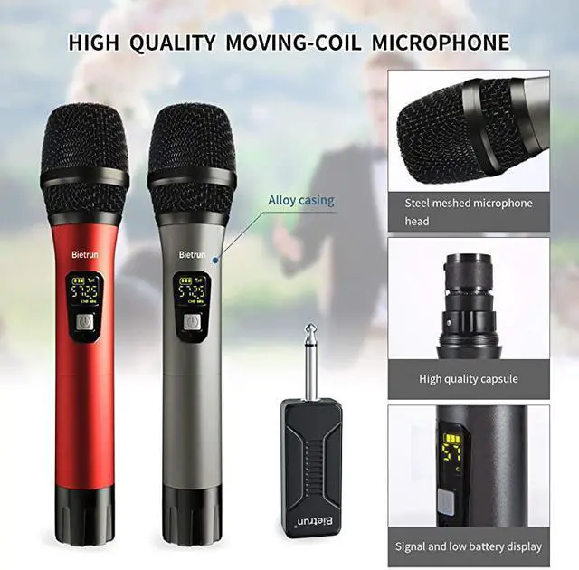 Alt view image 3 of 6 - Microphone UHF Dual Handheld Dynamic Mic System Set with Rechargeable Receiver 160ft Range 635mm14 Plug for Karaoke Voice Amplifier PA System Singing Machine Church