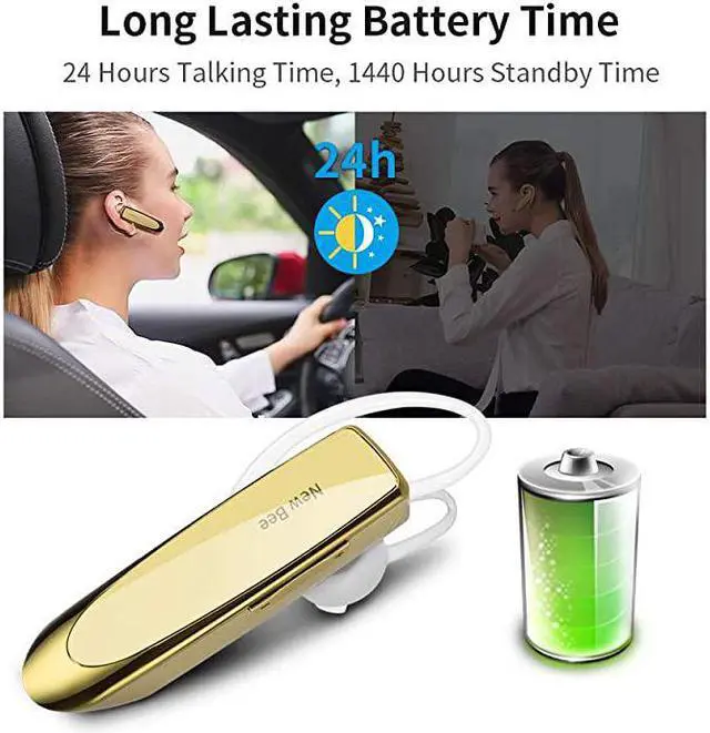 Alt view image 3 of 7 - Bluetooth Earpiece V50 Wireless Handsfree Headset 24 Hrs Driving Headset 60 Days Standby Time with Noise Cancelling Mic Headsetcase for iPhone Android Samsung Laptop Truck Driver White Gold