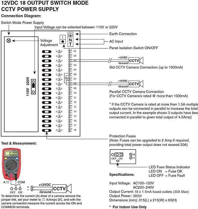 Alt view image 7 of 7 - 18 Channel Power Supply Switch Box CCTV Camera Distribution DC12V 30A Output