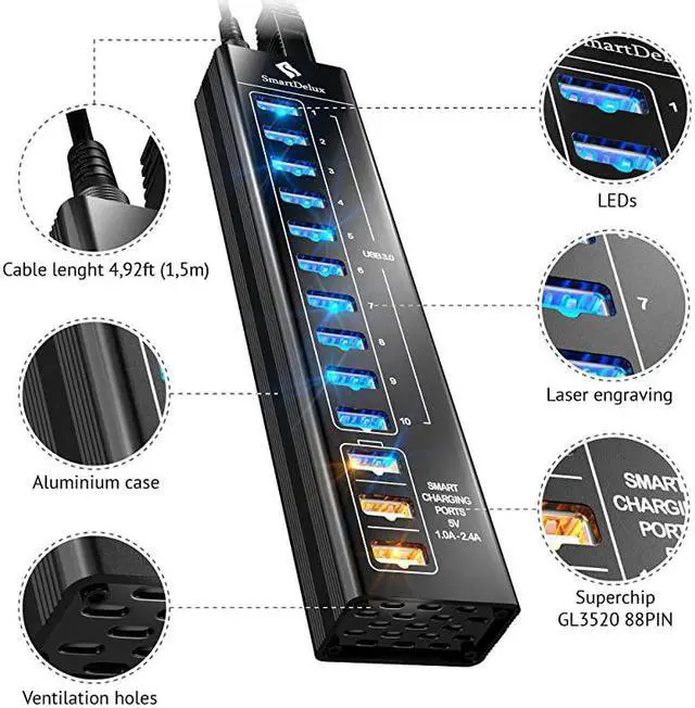 Alt view image 6 of 7 - Powered USB Hub - 13-Port USB 3.0 Hub with 10 USB 3.0 Ports, 3 Smart Charging Ports, Power Adapter, Long Cord, LEDs - Black Aluminum