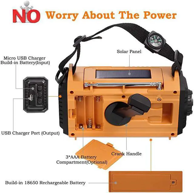 Alt view image 2 of 7 - Solar Hand Crank AMFMSWNOAA Weather Alert Battery Operated Portable Radio with Compass 5W LED Flashlight Reading Lamp SOS Alarm 2000mAh Power Bank for Cellphone Charger Home Camping