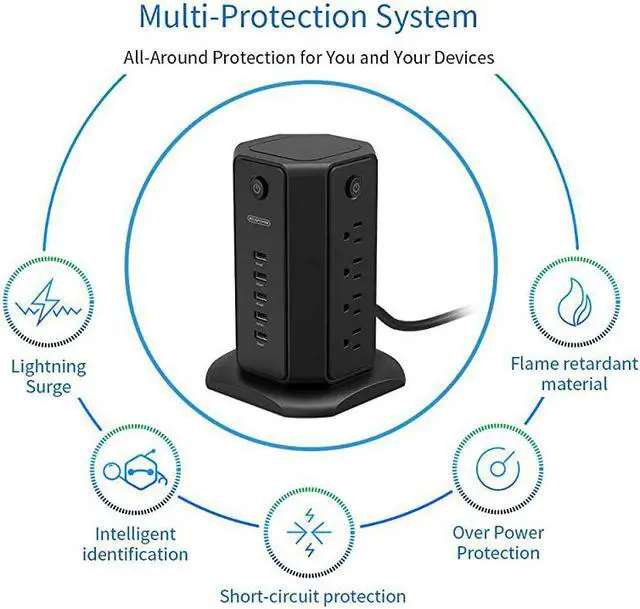 Alt view image 6 of 7 - Strip Tower NTONSurge Protector Flat Plug with Individual Switches 8 Outlets and 5 USB Desktop Charging Station 6ft Heavy Duty Extension Cord Circuit Breaker for Home Office Dorm Room