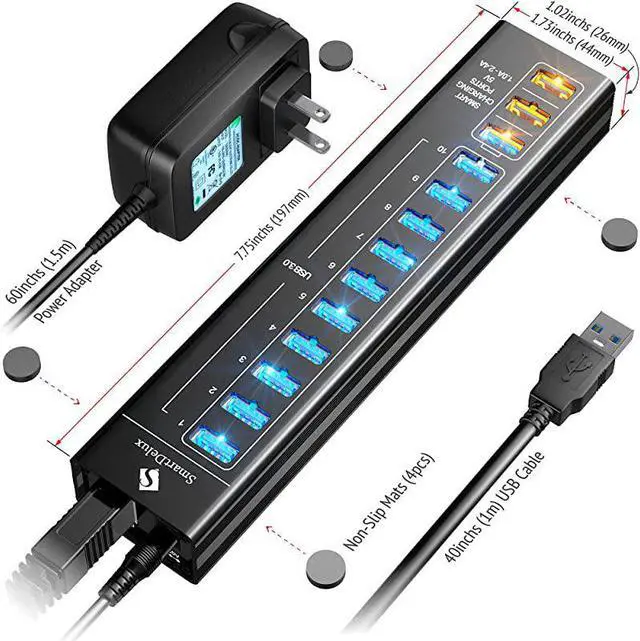 Alt view image 7 of 7 - Powered USB Hub - 13-Port USB 3.0 Hub with 10 USB 3.0 Ports, 3 Smart Charging Ports, Power Adapter, Long Cord, LEDs - Black Aluminum