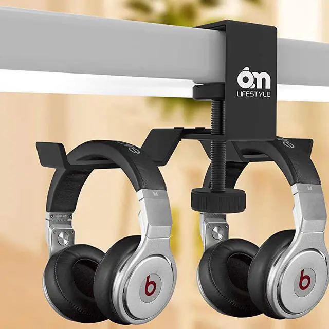 Alt view image 2 of 7 - Under Desk Dual Headphone Hanger  Metal Headset Stand Gaming Earphone Holder Universal Clamp on Desk Hanger Hook for All Headsets Black Patent