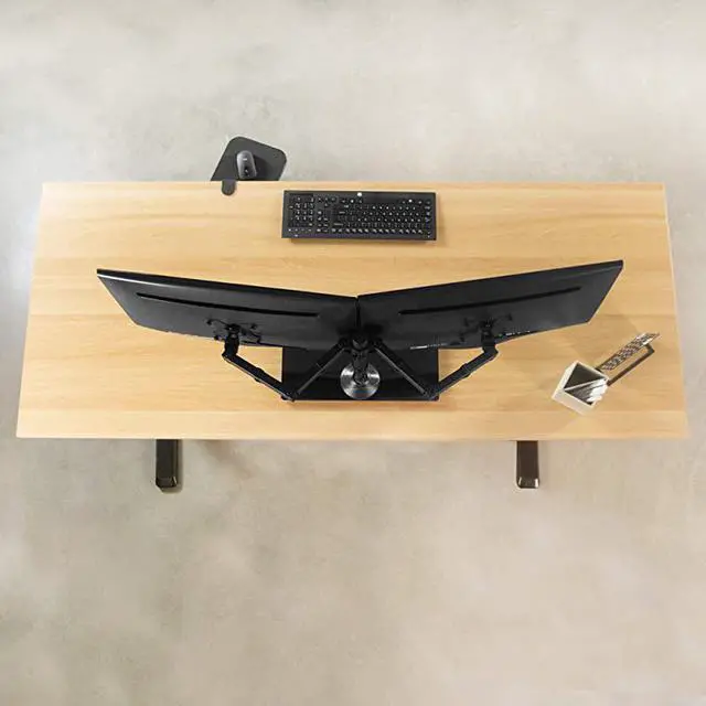 Alt view image 4 of 7 - Freestanding Black Dual Monitor Stand with Sleek Glass Base and Adjustable Arms Mounts 2 Screens up to 27 inch and 22 lbs Each STANDV002FG