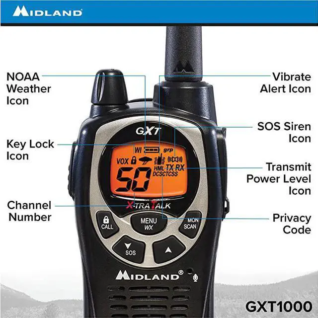 Alt view image 3 of 7 - GXT1000VP4 50 Channel GMRS TwoWay Radio Up to 36 Mile Range Walkie Talkie 142 Privacy Codes Waterproof NOAA Weather Scan + Alert Pair Pack BlackSilver
