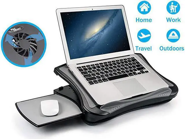 Main image of Laptop Lap Pad Laptop Stand with Attached Mouse Pad Cushion and USB Cooling Fan NonSlip Heat Shield Tablet Computer Stand for Sturdy Work Station for Home Office Bed Sofa Couch and Car