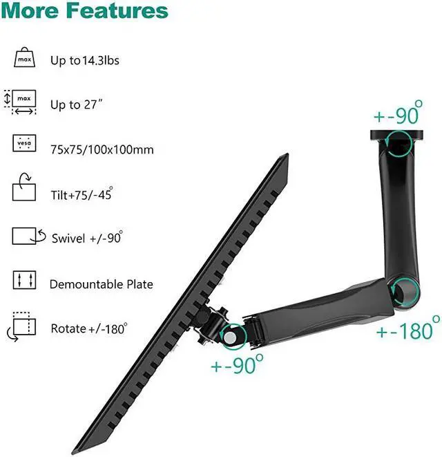 Alt view image 5 of 7 - Single LCD Monitor Fully Adjustable Gas Spring Wall Mount Fits 1 Screen VESA up to 27 inch 143 lbs Weight Capacity Arm Max Extension 17 inch GSWM001 Black