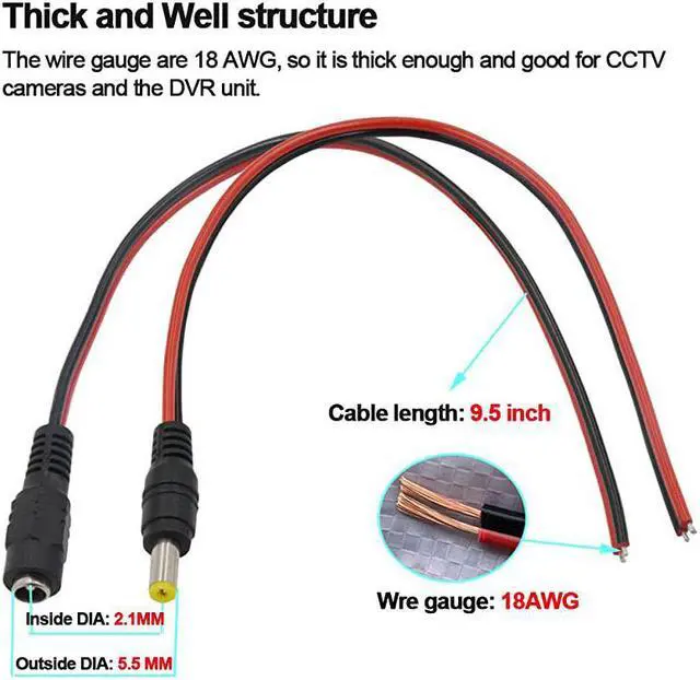 Alt view image 4 of 6 - Real 18AWG 43x2pcs Copper Strands 10 Pairs DC Power Pigtail Cable Wire 12V 5A Male Female Connectors for CCTV Security Camera and Lighting Power Adapter by  21mm x 55mm Ultra Thick