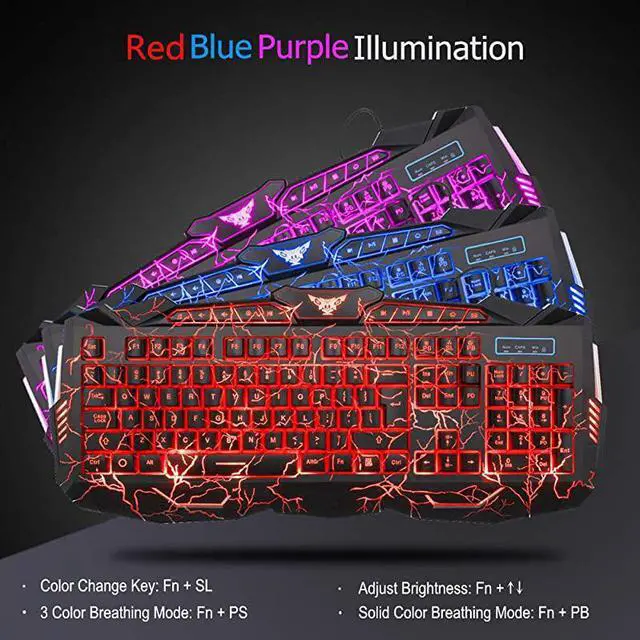 Alt view image 2 of 7 - Gaming Keyboard Mouse Headset ComboUSB Wired Crack Backlit Keyboard114 Keys Letters Glow LED KeyboardRed LED Light Headset for Laptop PC Computer Work and Game