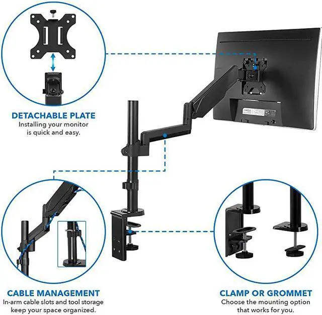 Alt view image 4 of 7 - Single Monitor Arm Mount | Desk Stand | Full Motion Height Adjustable Articulating Gas Spring Arm | Fits 19 21 24 27 29 30 32 Inch VESA Compatible Computer Screen | CClamp and Grommet Base