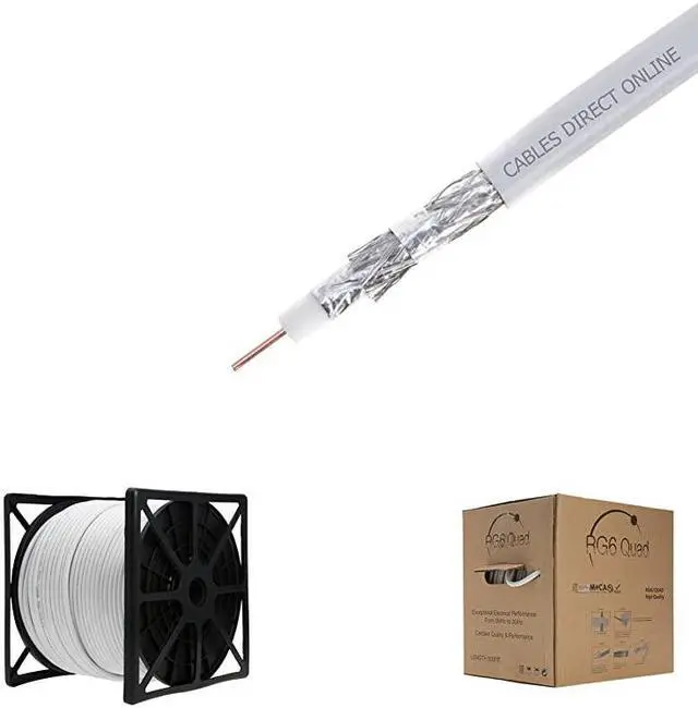 Main image of 500FT White RG6 Quad Shielded Coax Cable Satellite TV Coaxial Wire 18 AWG Copper Clad Steel Conductor Foam PE Core 60 Aluminum Braid PVC Jacket Reel in Box