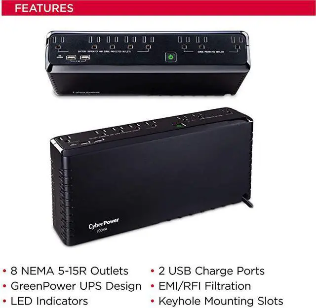 Alt view image 6 of 7 - SL700U Standby UPS System 700VA370W 8 Outlets 2 USB Charging Ports Slim Profile