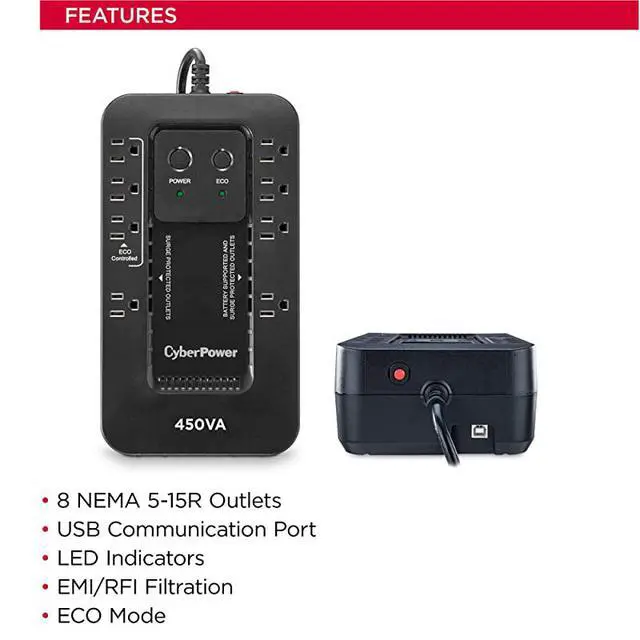 Alt view image 6 of 7 - EC450G Ecologic Battery Backup Surge Protector UPS System 450VA260W 8 Outlets ECO Mode Compact Uninterruptible Power Supply