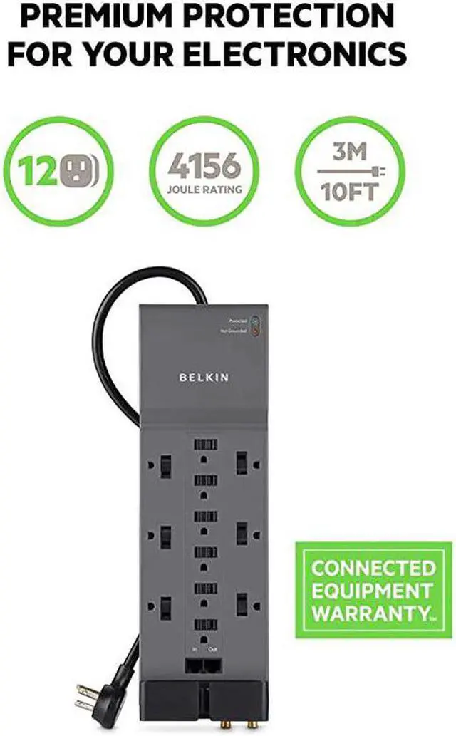 Alt view image 2 of 7 - Power Strip Surge Protector with 12 AC Multiple Outlets, 10 ft Long Flat Plug Heavy Duty Extension Cord for Home, Office, Travel, Computer Desktop, Laptop & Phone Charging Bricks (4,156 Joules)