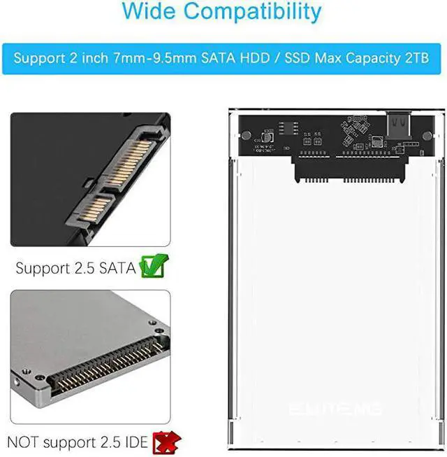 Alt view image 6 of 7 - USB C SSD Enclosure 2.5 inch External Hard Drive Case Type C to SATA with 2 USB 3.1 Cables High Speed 5Gbps Compatible with WD/Seagate 7mm and 9.5mm HDD Support UASP Up to 2TB