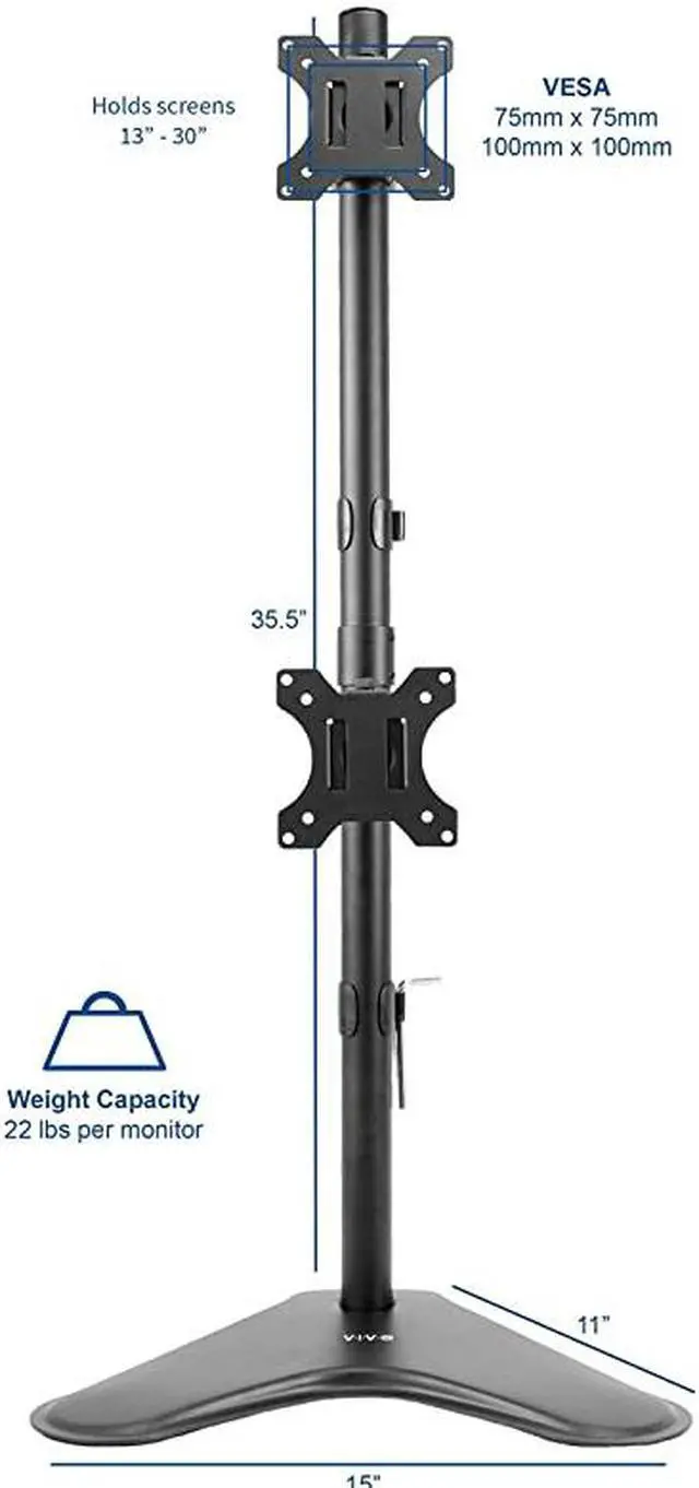 Alt view image 2 of 7 - Dual Monitor Desk Stand Freestanding LCD mount Holds in Vertical Position 2 Screens up to 30 STANDV002L