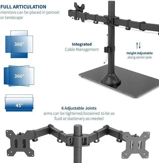 Alt view image 6 of 7 - Freestanding Black Dual Monitor Stand with Sleek Glass Base and Adjustable Arms Mounts 2 Screens up to 27 inch and 22 lbs Each STANDV002FG