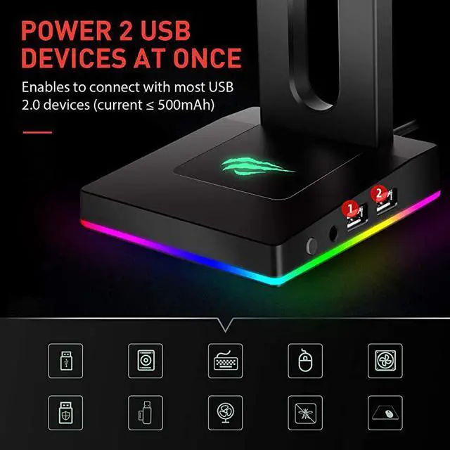 Alt view image 2 of 7 - RGB Headphones Stand with 35mm AUX and 2 USB Ports Headphone Holder for Gamers Gaming PC Accessories Desk