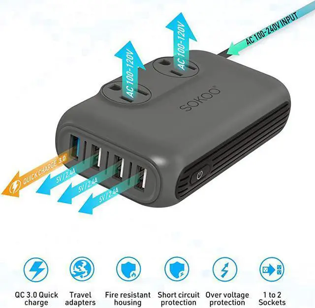 Alt view image 2 of 7 - Power Converter 220V to 110V International Voltage Converter for Hair StraightenerCurling Iron Step Down Universal Travel Adapter Europe UKAUUSin 2Outlet 4Port USB Charger QC30 Grey