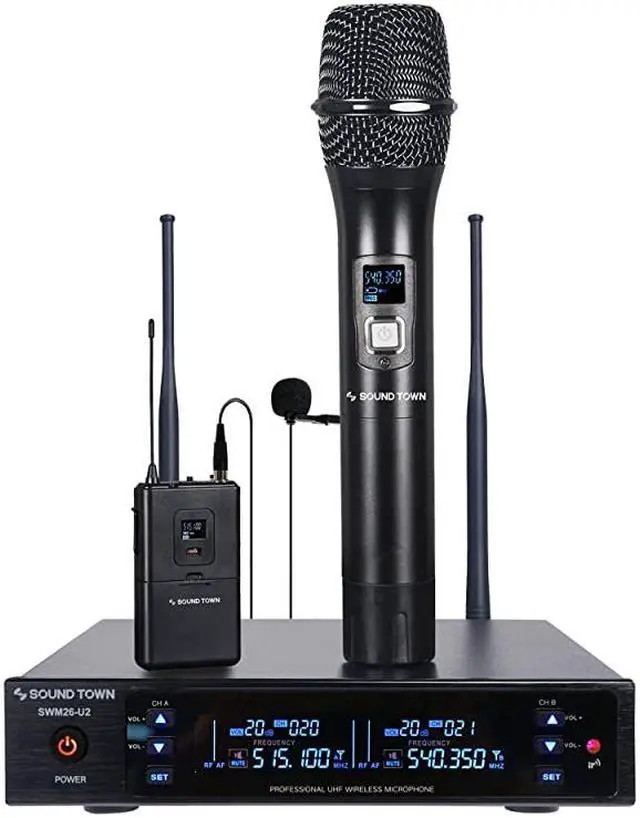 Main image of Metal 200 Channels UHF Wireless Microphone System with 1 Handheld Mic 1 Lavalier Mic and Auto Scan for Church School Outdoor Wedding Meeting Party and Karaoke SWM26U2HL