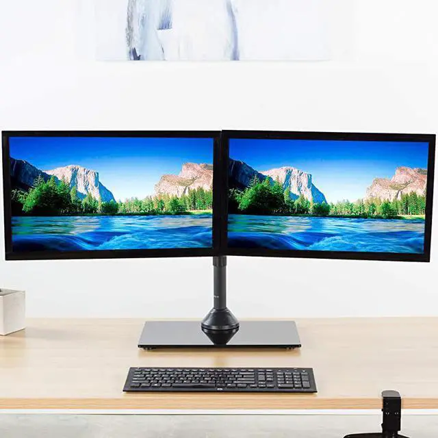 Alt view image 7 of 7 - Freestanding Black Dual Monitor Stand with Sleek Glass Base and Adjustable Arms Mounts 2 Screens up to 27 inch and 22 lbs Each STANDV002FG