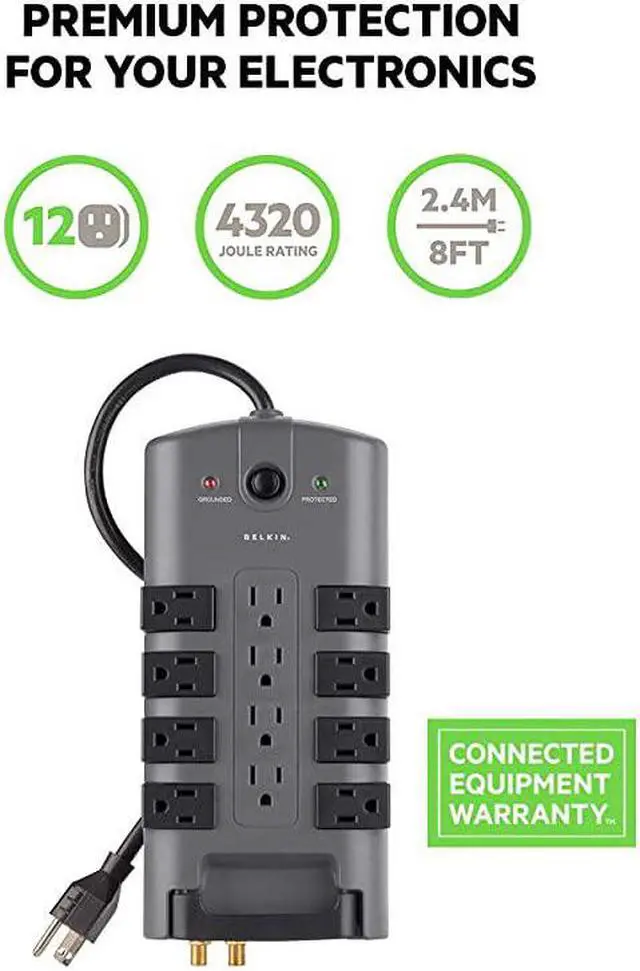 Alt view image 2 of 6 - Surge Power Strip Protector - 8 Rotating & 4 Stationary AC Multiple Outlets - 8 ft Long Heavy Duty Extension Cord Flat Pivot Plug for Home, Office, Travel, Desktop & Charging Brick, 4320 Joules