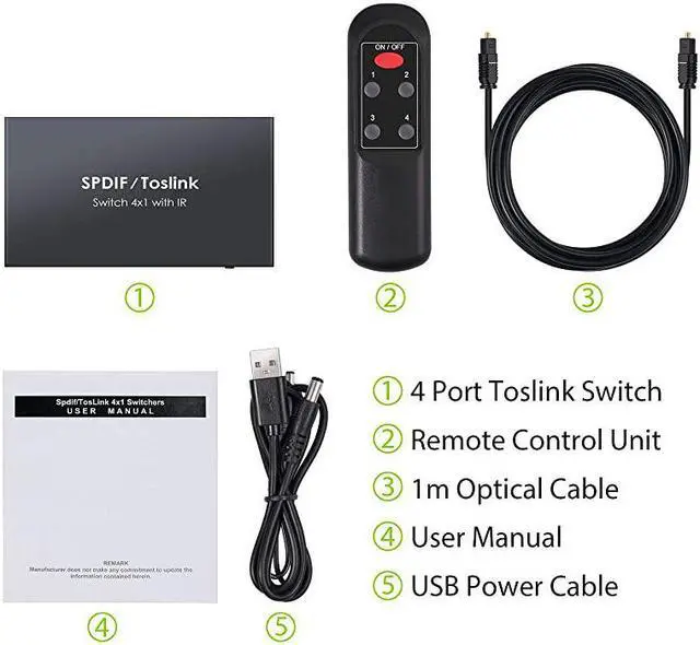 Alt view image 7 of 7 - Digital Toslink Optical 4x1 Switch with 3ft Optical Cable and IR Remote Control Aluminum Alloy Digital Audio SPDIF Toslink Optical Fiber Switcher 4 in 1 Out for PS3 Xbox BlueRay DVD HDTV