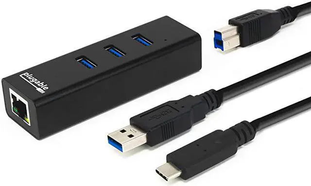 Main image of USB Hub with Ethernet 3 Port USB 30 Bus Powered Hub with Gigabit Ethernet Compatible with Windows MacBook Linux Chrome OS Includes USB C and USB 30 Cables