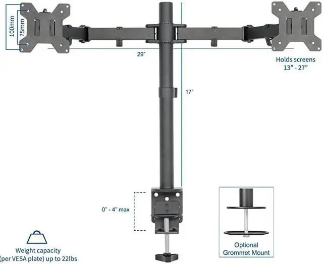 Alt view image 2 of 7 - Dual Monitor Stand Up Desk Mount Extra Tall 39 inch Pole Fully Adjustable Stand for up to 27 inch Screens STANDV012