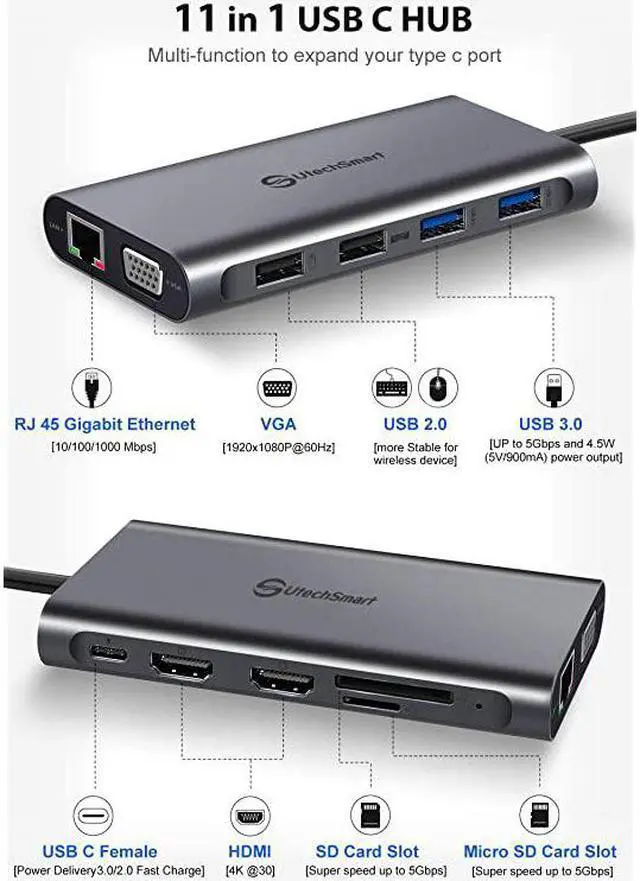 Alt view image 2 of 7 - USB C Hub  Triple Display USB Type C Adapter Docking Station with 2 HDMI VGA Power Delivery Type C PortSD TF Card Reader 4 USB Ports USBC Dock Compatible for MacBook Other USBC Laptop