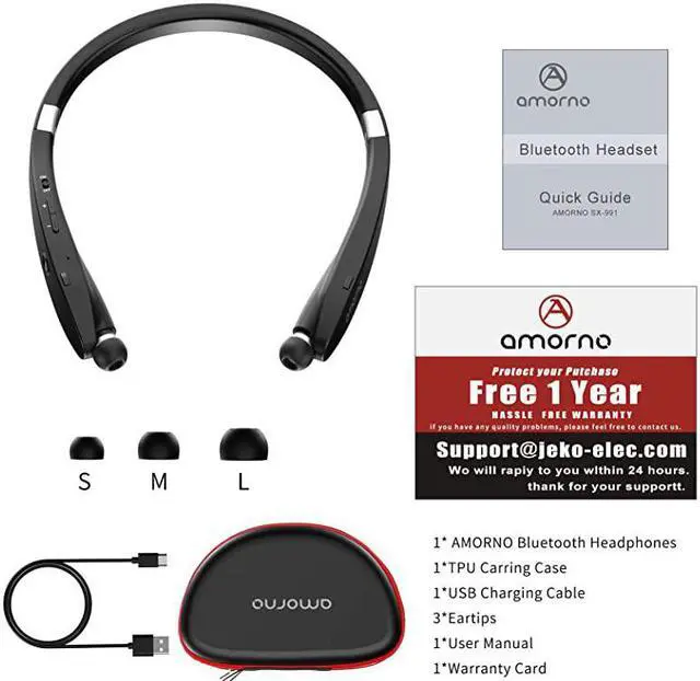 Alt view image 7 of 7 - Foldable Bluetooth Headphones Wireless Neckband Headset with Retractable Earbuds Sports Sweatproof Noise Cancelling Stereo Earphones with Mic Black