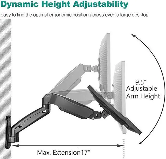 Alt view image 3 of 7 - Single LCD Monitor Fully Adjustable Gas Spring Wall Mount Fits 1 Screen VESA up to 27 inch 143 lbs Weight Capacity Arm Max Extension 17 inch GSWM001 Black