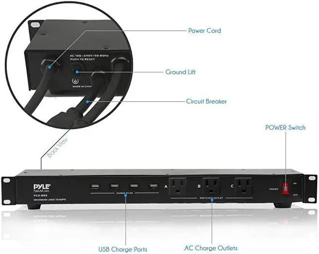 Alt view image 3 of 5 - 19 Outlet 1U 19quot Rackmount PDU Power Distribution Supply Center Conditioner Strip Unit Surge Protector 15 Amp Circuit Breaker 4 USB Multi Device Charge Ports 15FT Cord PCO865