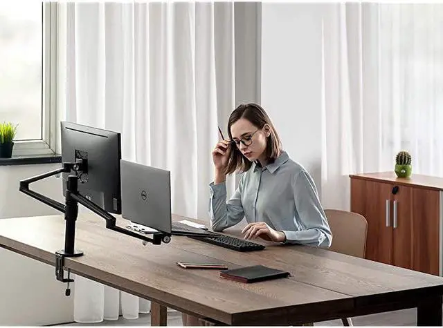 Alt view image 2 of 7 - Monitor and Laptop Mount 2in1 Adjustable Dual Arm Desk Mounts Single Desk Arm StandHolder for 17 to 32 Inch LCD Computer Screens Extra Tray Fits 12 to 17 inch Laptops Silver