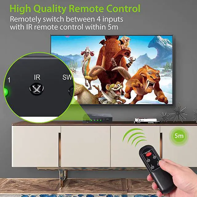 Alt view image 4 of 7 - Digital Toslink Optical 4x1 Switch with 3ft Optical Cable and IR Remote Control Aluminum Alloy Digital Audio SPDIF Toslink Optical Fiber Switcher 4 in 1 Out for PS3 Xbox BlueRay DVD HDTV