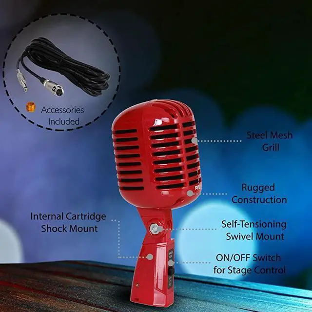 Alt view image 5 of 7 - Classic Retro Dynamic Vocal Microphone Old Vintage Style Unidirectional Cardioid Mic with XLR Cable Universal Stand Compatible Live Performance In Studio Recording  PDMICR42R Red 830in x 380in x 340i