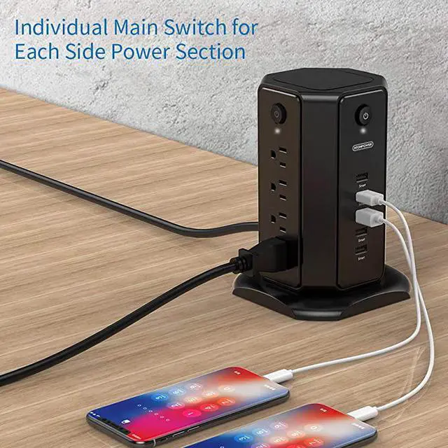 Alt view image 7 of 7 - Strip Tower NTONSurge Protector Flat Plug with Individual Switches 8 Outlets and 5 USB Desktop Charging Station 6ft Heavy Duty Extension Cord Circuit Breaker for Home Office Dorm Room
