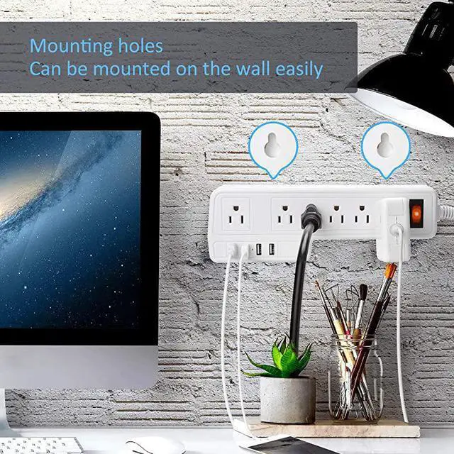 Alt view image 5 of 6 - Mountable Surge Protector Power Strip  98ft 6 Outlets 4 USB Ports Electric Power Outlet with Right Angle Flat Plug Electric Long Extension Cord Power Charging Station for Home Office White