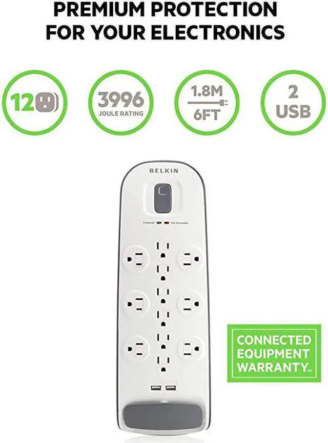 Alt view image 2 of 6 - USB Power Strip Surge Protector - 12 AC Multiple Outlets & 2 USB Ports - 6 ft Long Flat Plug Extension Cord for Home, Office, Travel, Computer Desktop & Charging Brick - White (3,996 Joules)