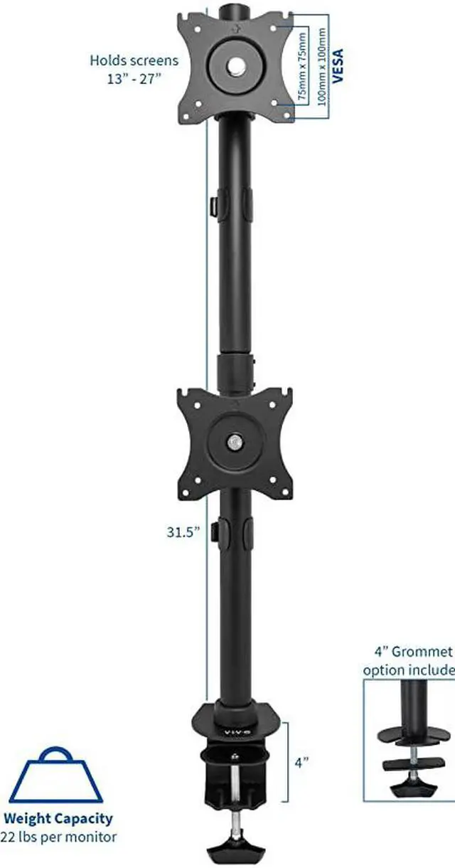 Alt view image 2 of 7 - Dual Computer Monitor Desk Mount Stand Vertical Array for 2 Screens up to 27 inches STANDV002R