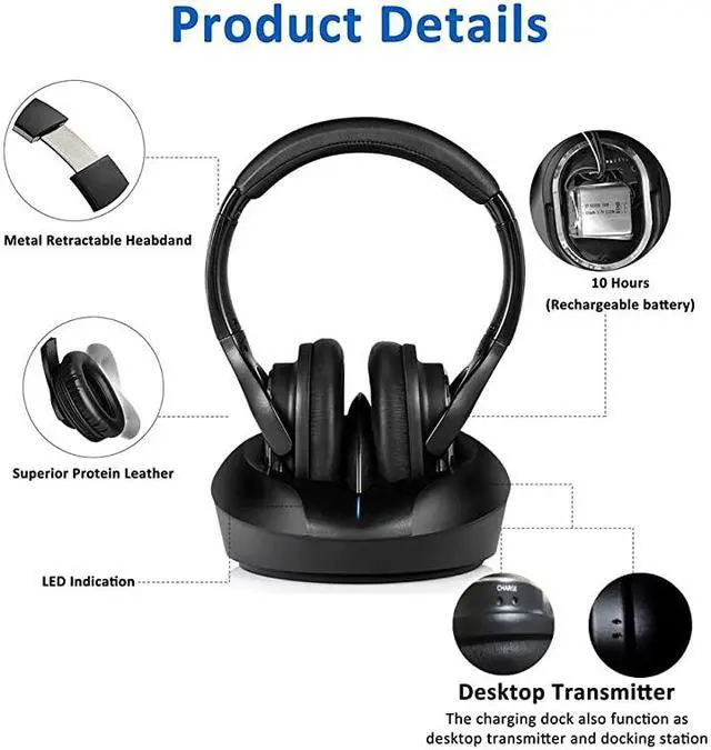 Alt view image 5 of 7 - TV Headphones Over Ear Headsets-RF Transmitter Charging Dock, Hi-Fi Stereo Cordless Headphones for TV, Adjustable Lightweight Rechargeable 10Hrs Battery for Hard of Hearing, 330ft (Black)