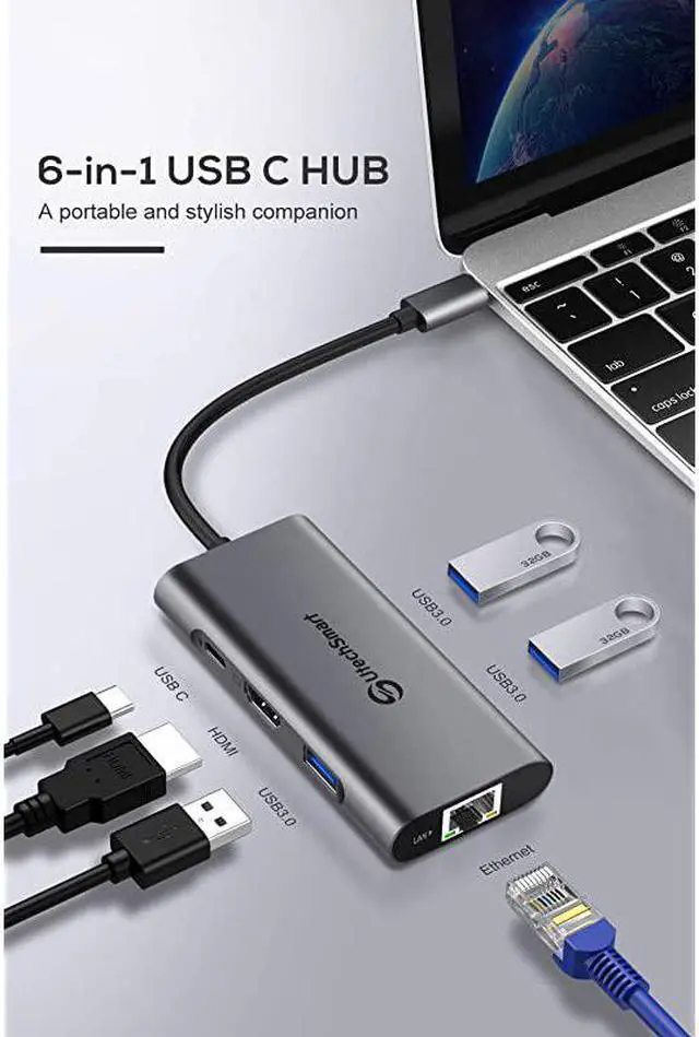 Alt view image 2 of 7 - USB C Hub  6 In 1 USB C to HDMI Adapter with 1000M Ethernet Power Delivery Pd Type C Charging Port 3 USB 30 Ports Adapter Compatible for MacBook Pro Chromebook XPS and USB C devices