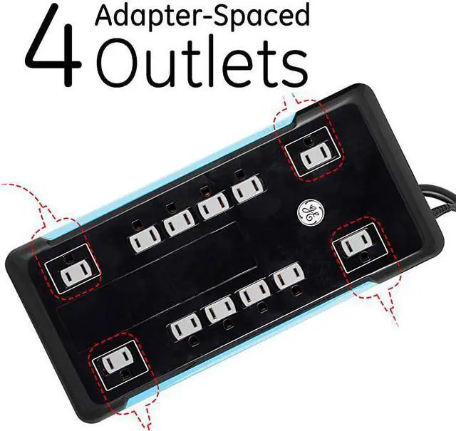 Alt view image 4 of 7 - UltraPro 12 Outlet Sur Protector, Tethered 2 USB Ports, 8 Ft Power Cord, 4320 Joules, Flat Plug, Power Filter, Circuit Breaker, Warranty, UL Listed, Black, 11824