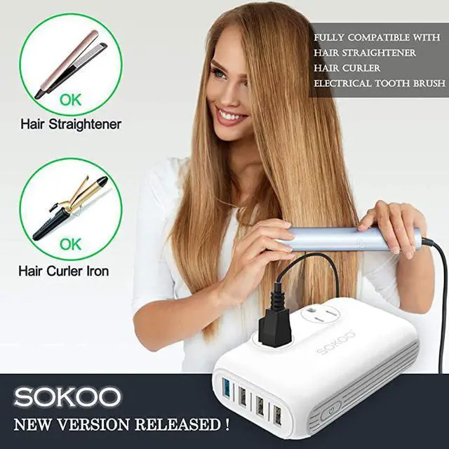 Alt view image 7 of 7 - Power Converter 220V to 110V International Voltage Converter for Hair StraightenerCurling Iron Step Down Universal Travel Adapter Europe UKAUUSin 2Outlet 4Port USB Charger QC30 Grey