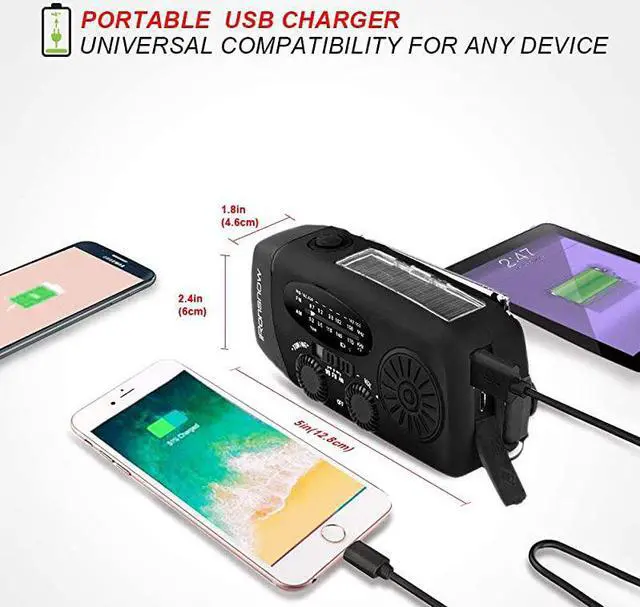 Alt view image 5 of 7 - Upgraded 2000mAh?  Solar Emergency NOAA Weather Radio Dynamo Hand Crank Self Powered AM FM WB Radios 3 LED Flashlight 2000mAh with Charging Indicator Smart Phone Charger Power Bank (Black)