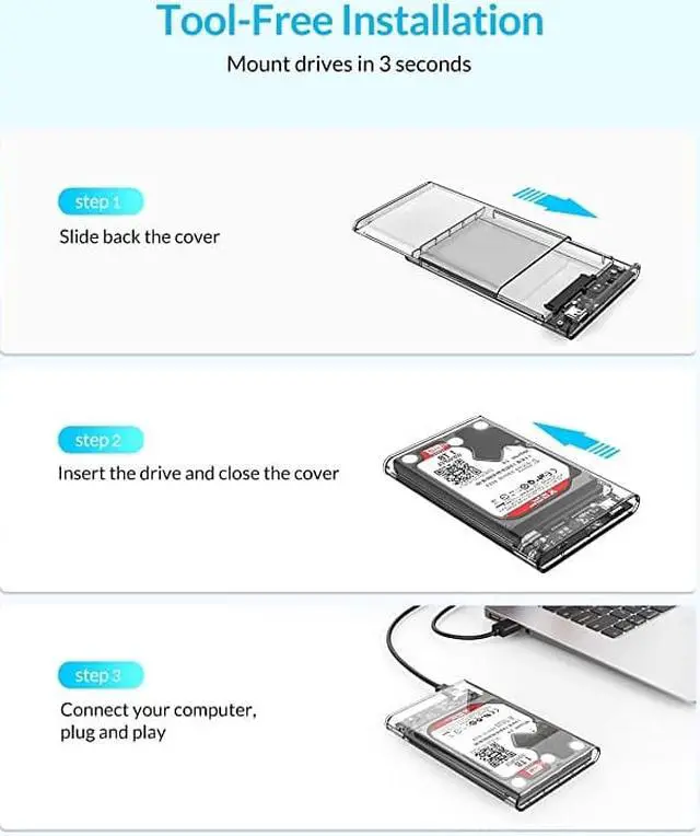 Alt view image 5 of 7 - 25 USB 3 External Hard Drive Enclosure USB30 to SATA Portable Clear Hard Disk Case for 25 inch 7mm 95mm SATA HDD SSD Support UASP SATA III Max 4TB ToolFree Design Clear