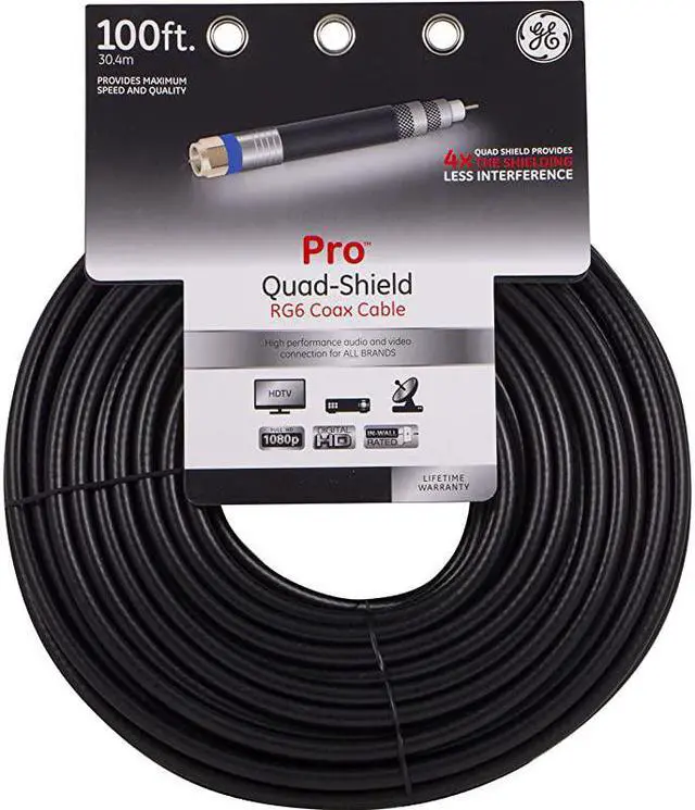 Alt view image 6 of 6 - RG6 Coaxial Cable 100 ft FType Connectors Quad Shielded Coax Cable 3 GHz Digital InWall Rated Ideal for TV Antenna DVR VCR Satellite Cable Box Home Theater Black 34842